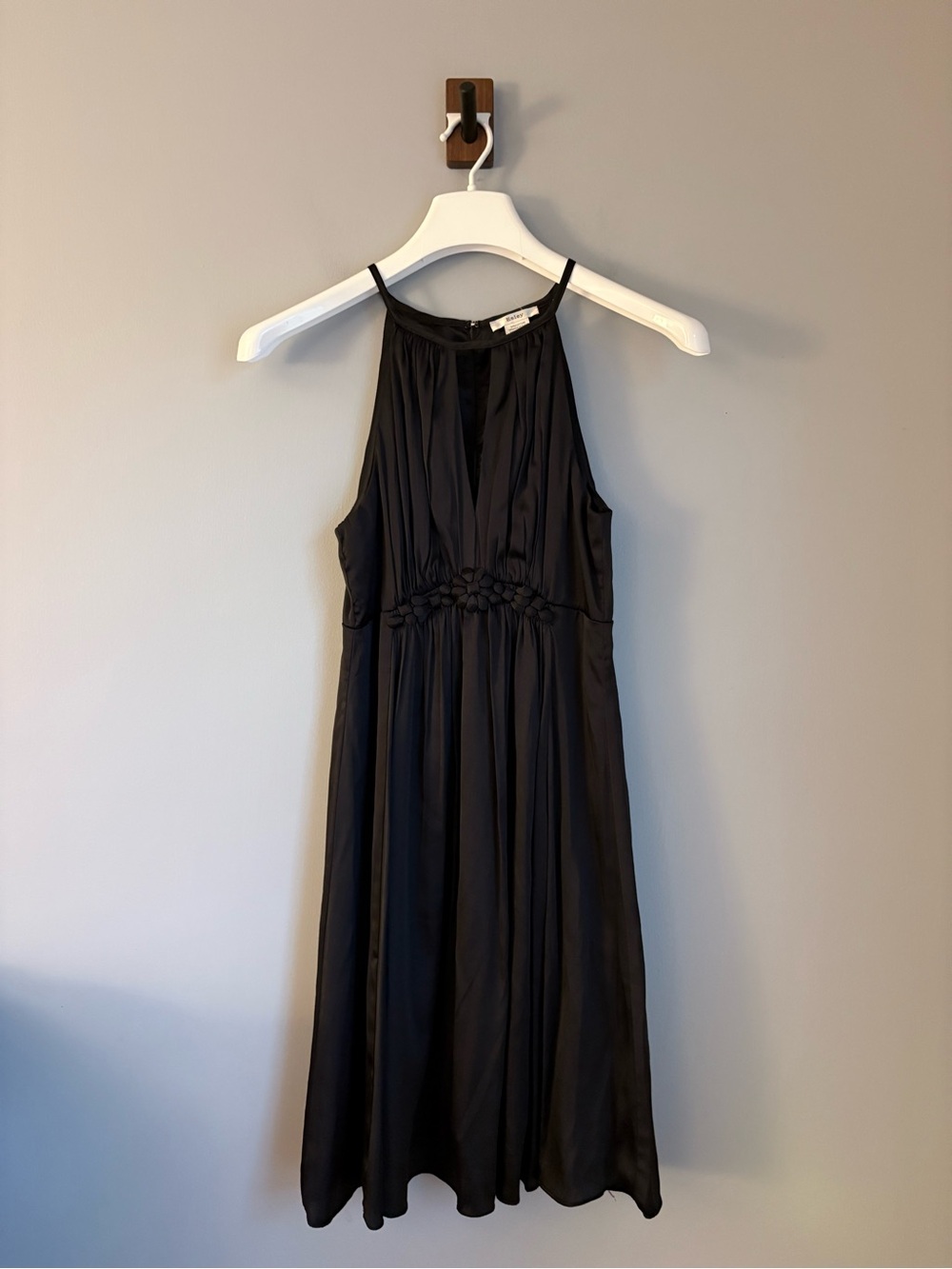 Esley Medium Satin Halter Neck Keyhole LBD with Button Back Empire Waist
